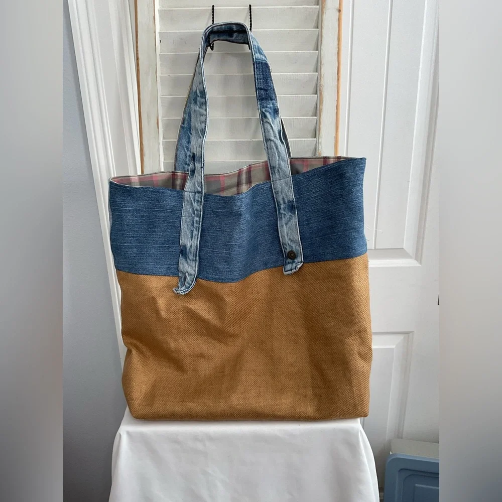 The Large Tote Denim and Tan Beach Bag - Picture 3 of 4
